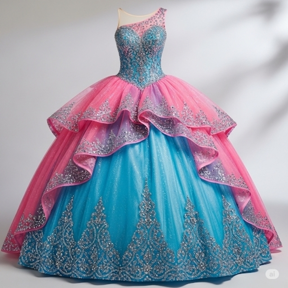 QUNSENERA EVELYN NEON COLLECTION  Pink and Blue Glitter Ball Gown